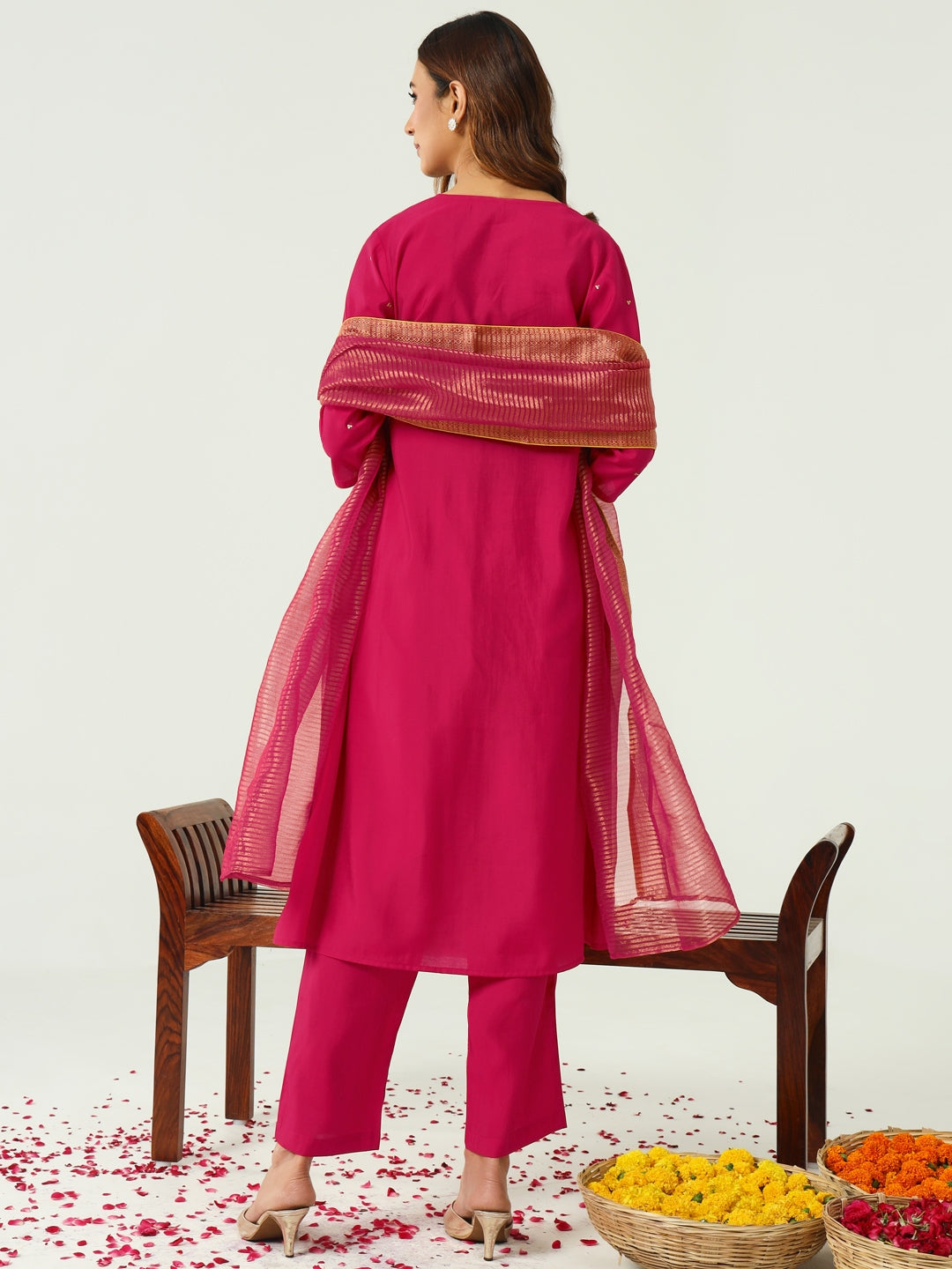 Women's Pink Chanderi A-line Kurta with Pant and Dupatta