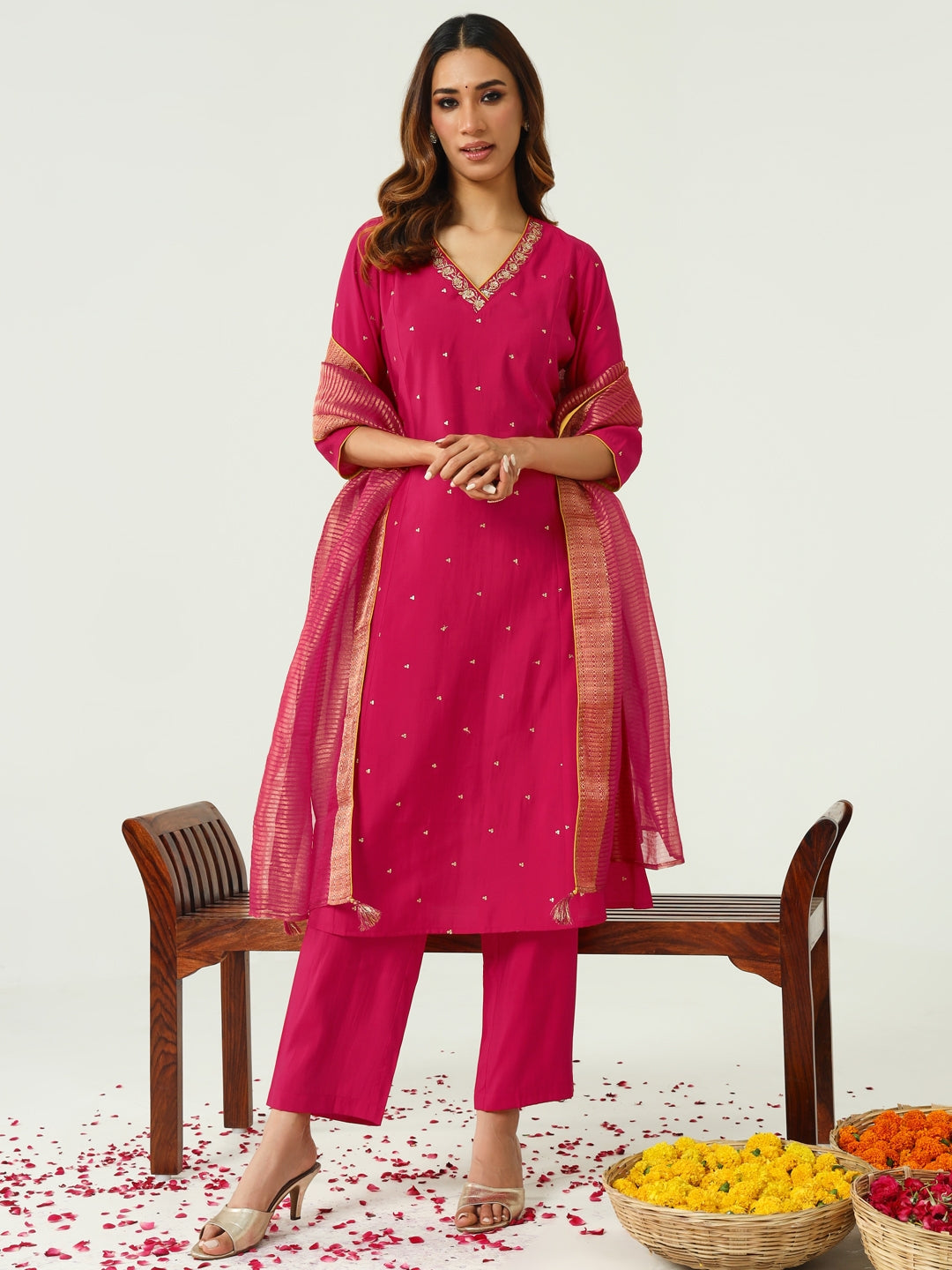 Women's Pink Chanderi A-line Kurta with Pant and Dupatta