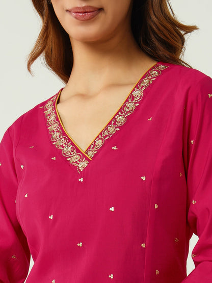 Women's Pink Chanderi A-line Kurta with Pant and Dupatta