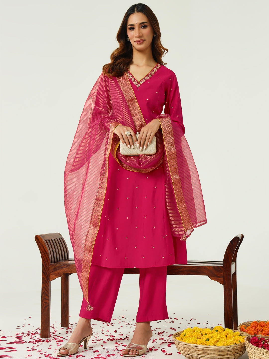 Women's Pink Chanderi A-line Kurta with Pant and Dupatta