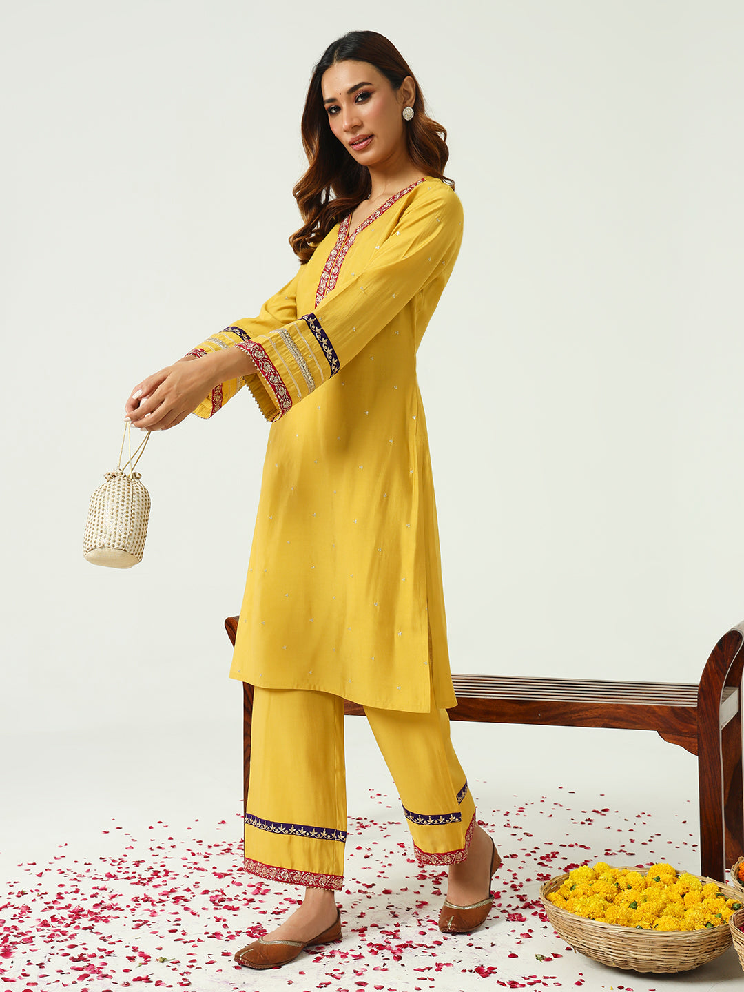 Women's Yellow Chanderi Straight Kurta And Palazzo Set