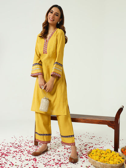 Women's Yellow Chanderi Straight Kurta And Palazzo Set