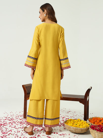 Women's Yellow Chanderi Straight Kurta And Palazzo Set