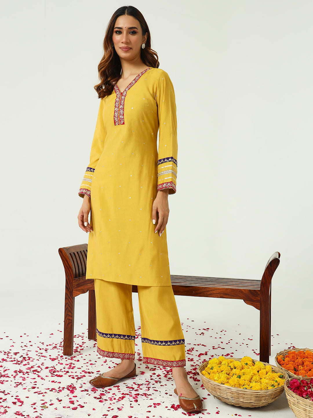 Women's Yellow Chanderi Straight Kurta And Palazzo Set