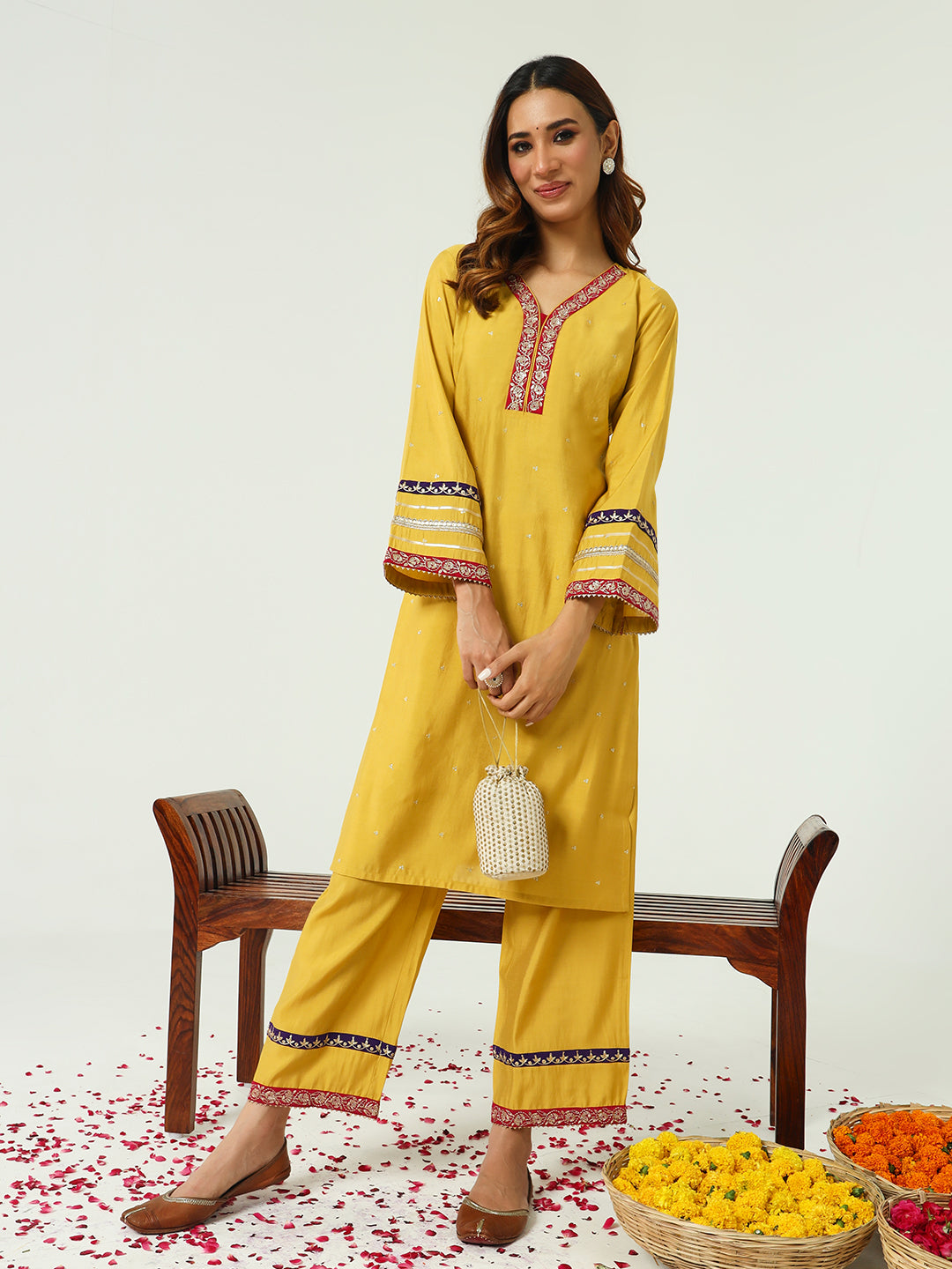 Women's Yellow Chanderi Straight Kurta And Palazzo Set