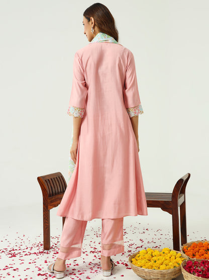 Women's Peach Viscose Chanderi A-line Kurta with Pant and Dupatta