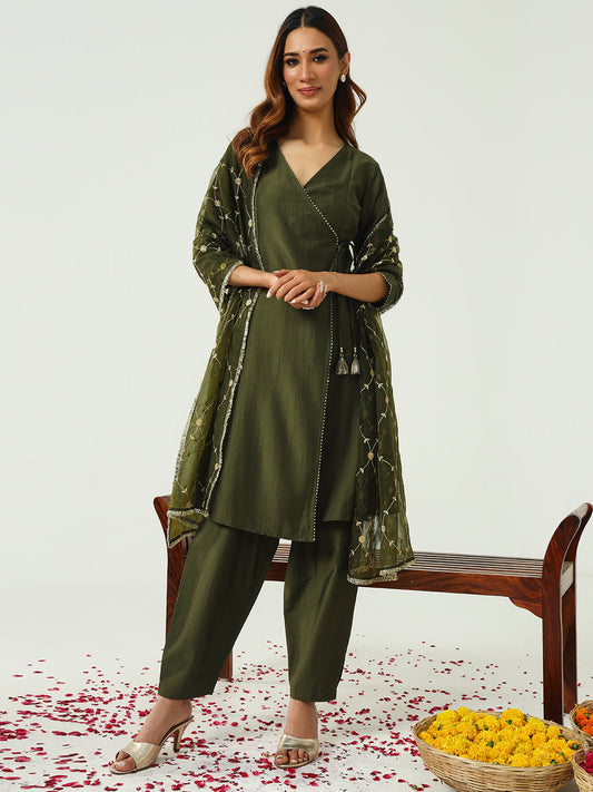 Women's Green Silk Blend Angrakha Kurta with Pant and Dupatta