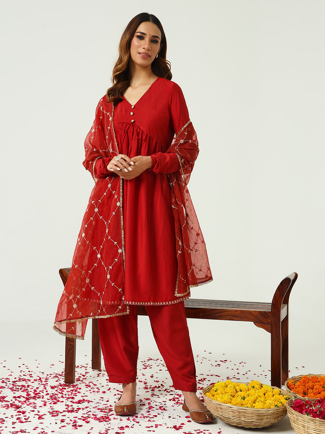 Women's Red Silk Blend Nayra Cut Kurta with Pant and Dupatta