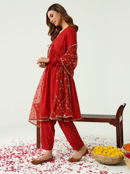 Women's Red Silk Blend Nayra Cut Kurta with Pant and Dupatta