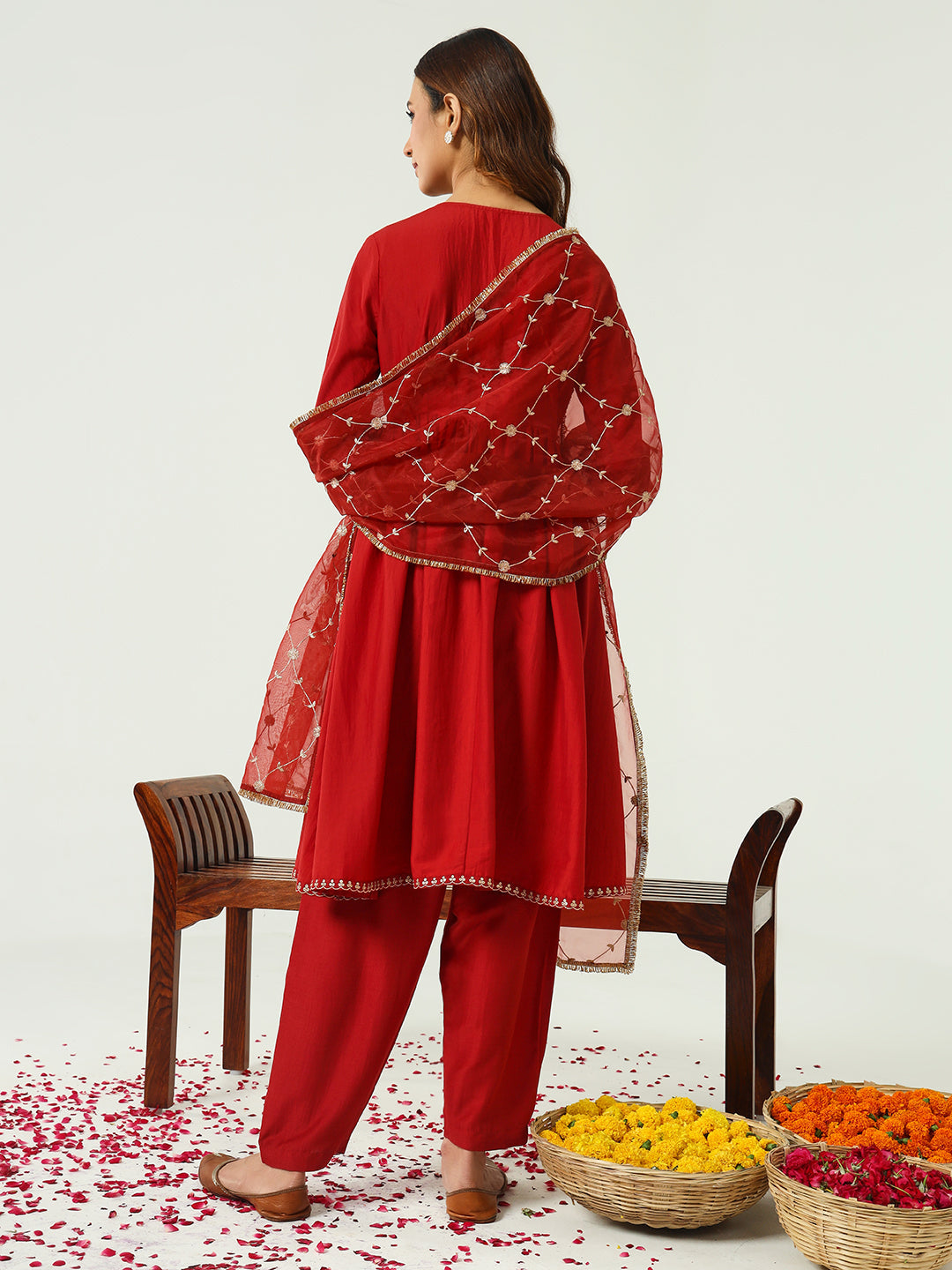 Women's Red Silk Blend Nayra Cut Kurta with Pant and Dupatta