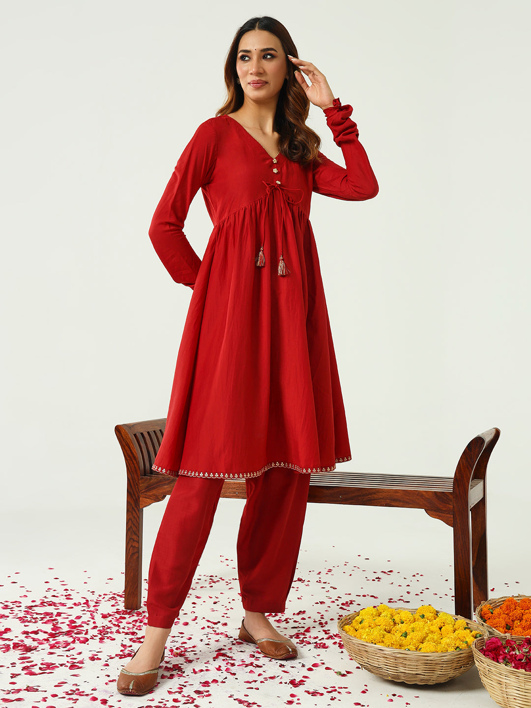 Women's Red Silk Blend Nayra Cut Kurta with Pant and Dupatta