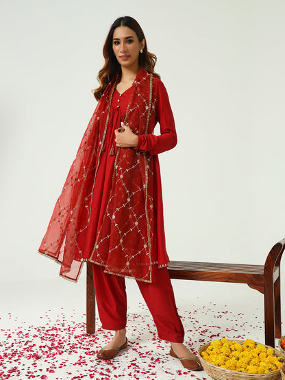 Women's Red Silk Blend Nayra Cut Kurta with Pant and Dupatta