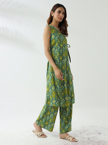Dhiyona FL Women's Green Cotton Straight Kurta With Palazzo