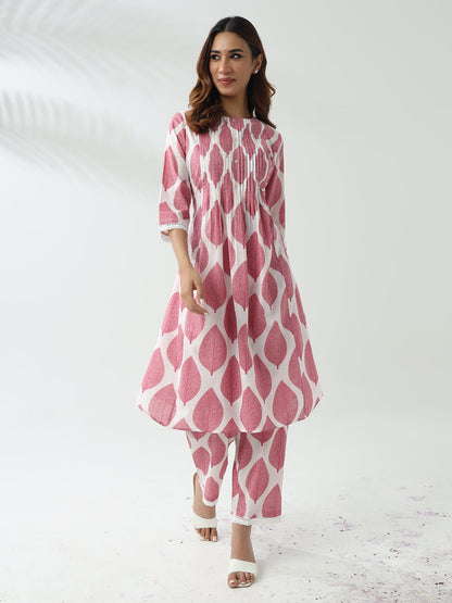 Dhiyona FL Women's Pink Cotton Flared Kurta Set