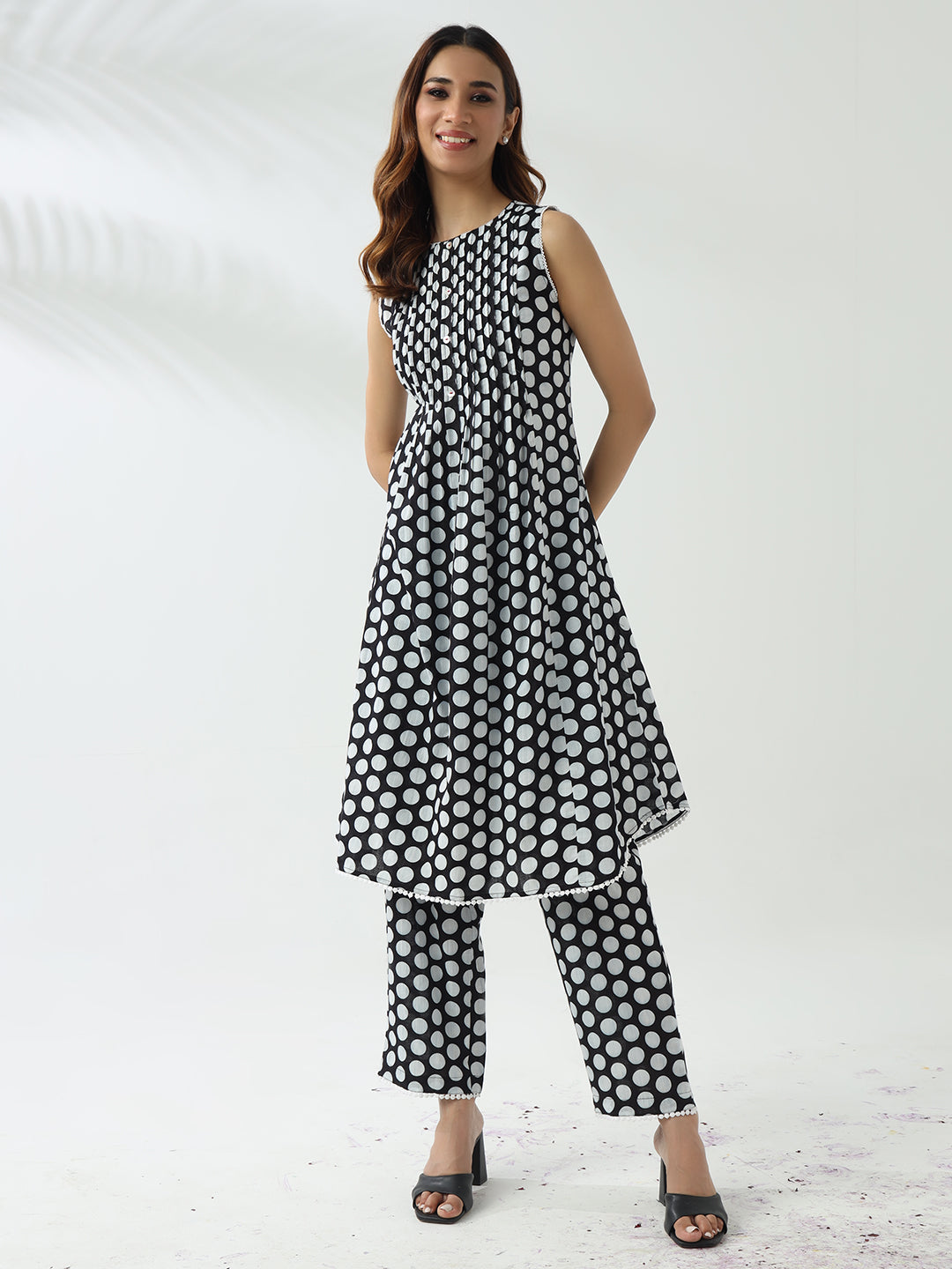 Dhiyona FL Women's Black & White Cotton Flared Kurta Set