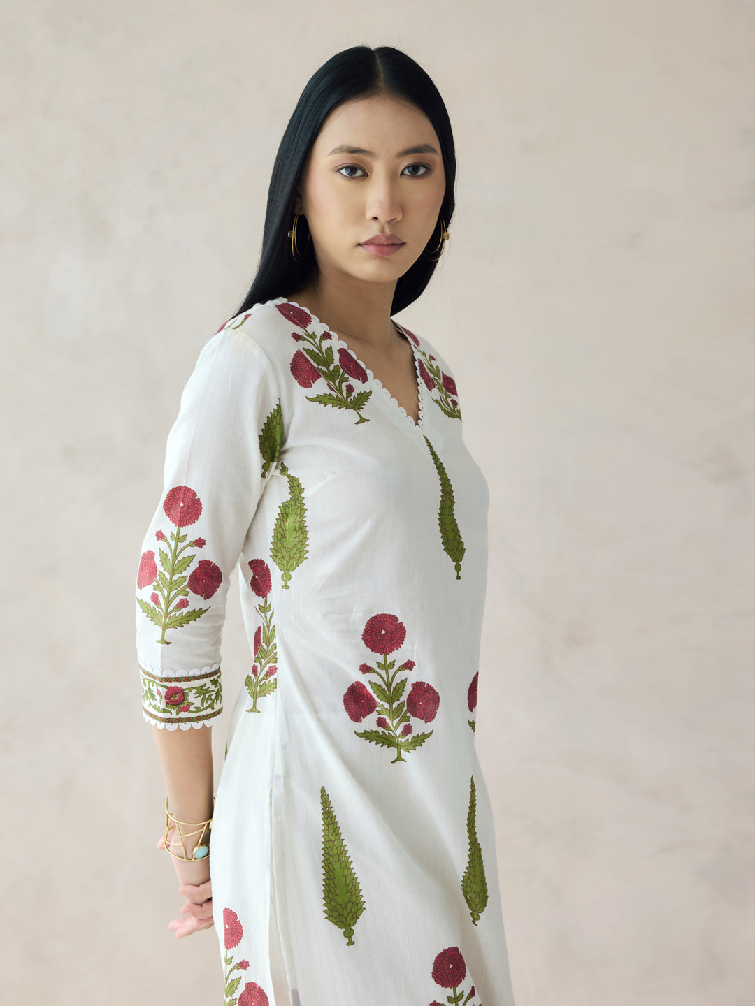 Dhiyona FL Women's Off-White Floral Print Cotton Straight Kurta Set