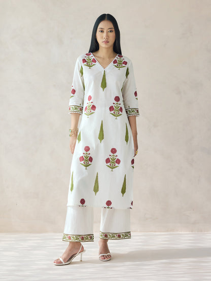 Dhiyona FL Women's Off-White Floral Print Cotton Straight Kurta Set