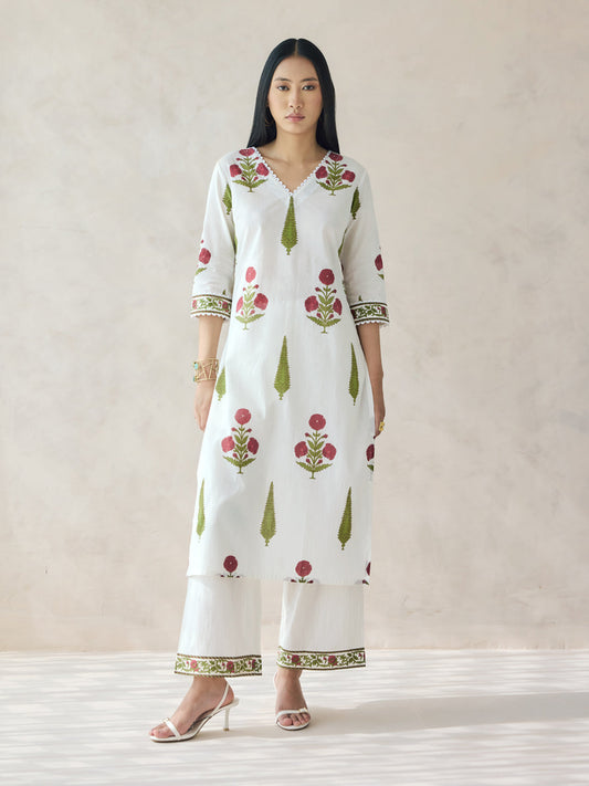 Dhiyona FL Women's Off-White Floral Print Cotton Straight Kurta Set