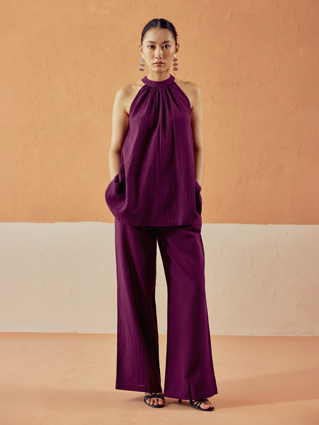 Dhiyona FL Women’s Wine Linen Blend Halter Neck Relaxed Fit Co Ord Set