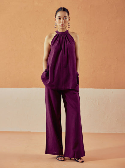Dhiyona FL Women’s Wine Linen Blend Halter Neck Relaxed Fit Co Ord Set