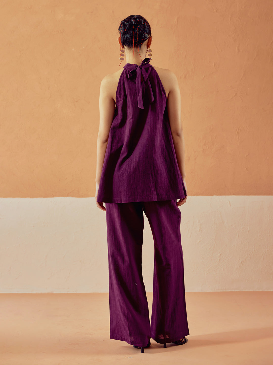 Dhiyona FL Women’s Wine Linen Blend Halter Neck Relaxed Fit Co Ord Set