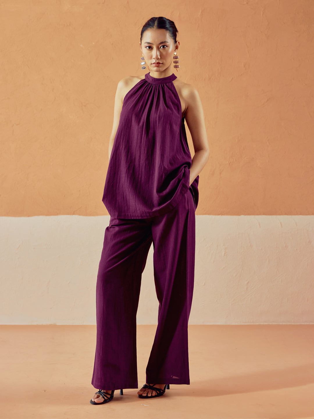 Dhiyona FL Women’s Wine Linen Blend Halter Neck Relaxed Fit Co Ord Set