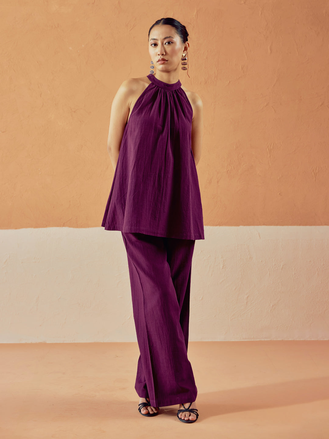 Dhiyona FL Women’s Wine Linen Blend Halter Neck Relaxed Fit Co Ord Set