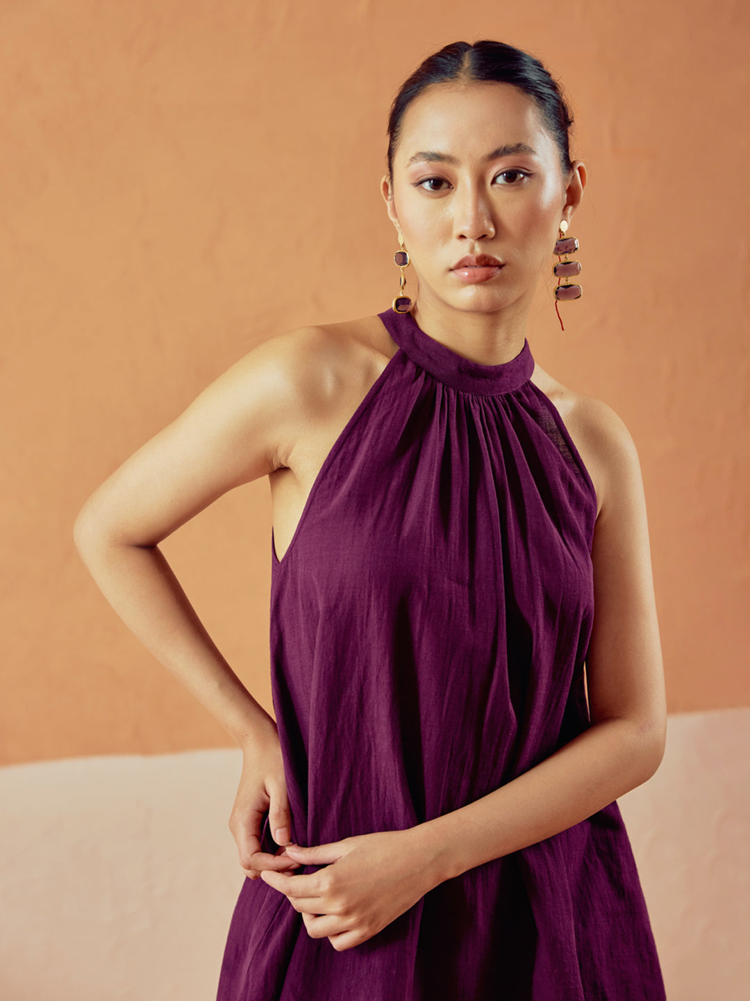 Dhiyona FL Women’s Wine Linen Blend Halter Neck Relaxed Fit Co Ord Set