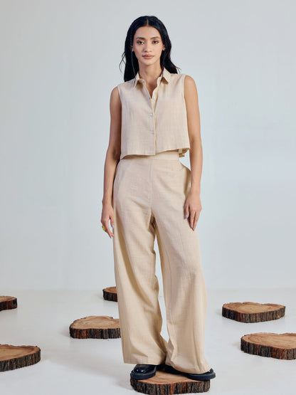 Dhiyona FL Women’s Beige Linen Blend Loose Relaxed Fit Co Ord Set