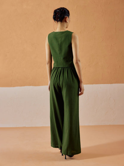 Dhiyona FL Women’s Green Linen Blend Sleeveless V Neck Relaxed Fit Co Ord Set