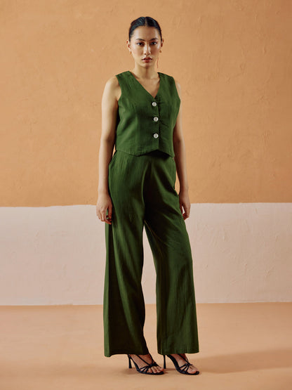 Dhiyona FL Women’s Green Linen Blend Sleeveless V Neck Relaxed Fit Co Ord Set