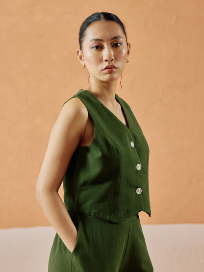 Dhiyona FL Women’s Green Linen Blend Sleeveless V Neck Relaxed Fit Co Ord Set