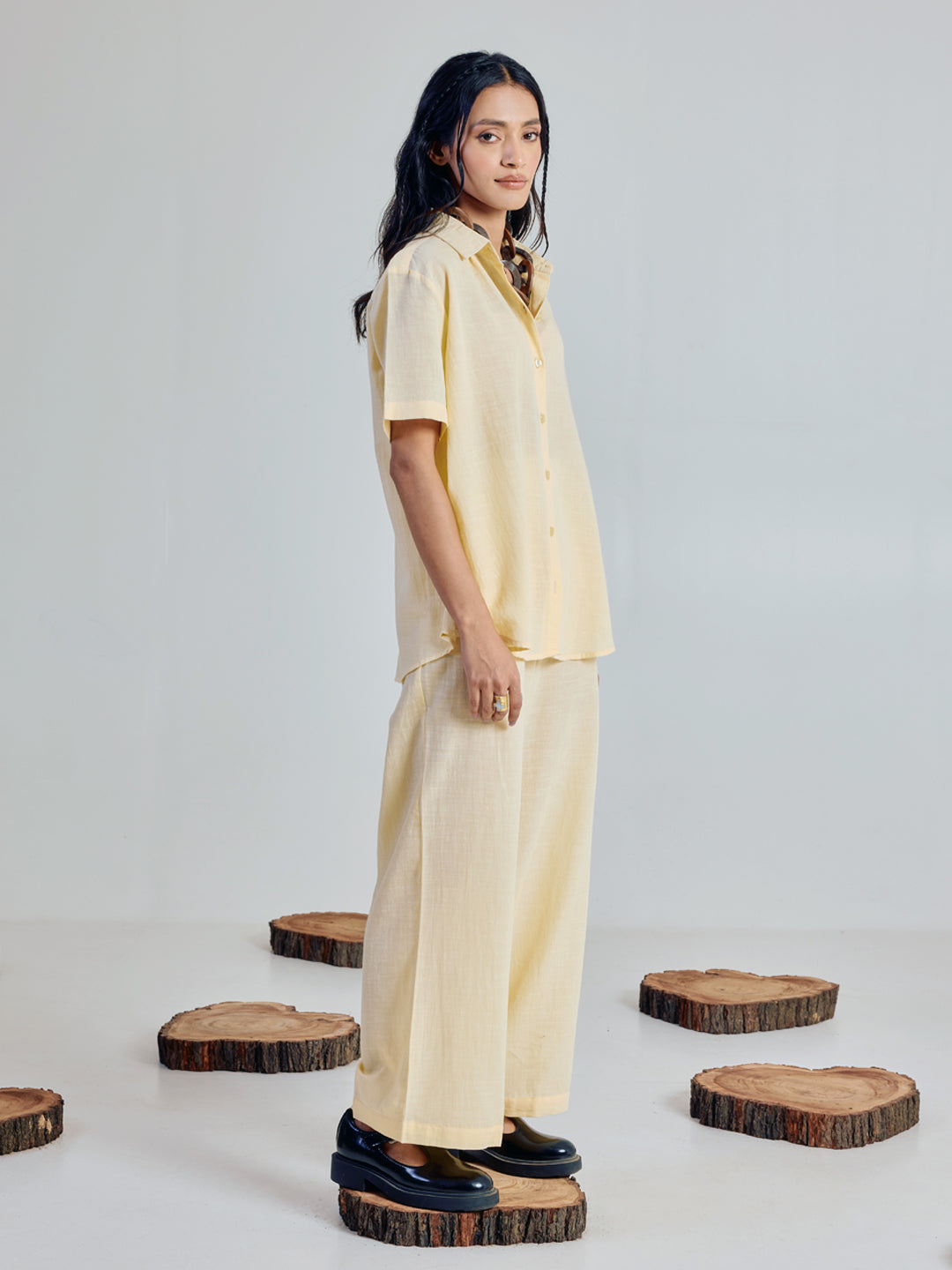 Dhiyona FL Women’s Light Yellow Linen Blend Loose Relaxed Fit Co Ord Set