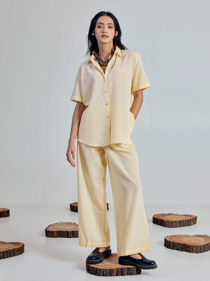 Dhiyona FL Women’s Light Yellow Linen Blend Loose Relaxed Fit Co Ord Set