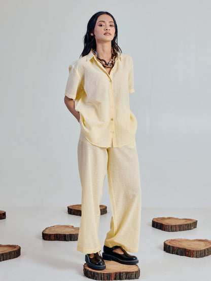 Dhiyona FL Women’s Light Yellow Linen Blend Loose Relaxed Fit Co Ord Set
