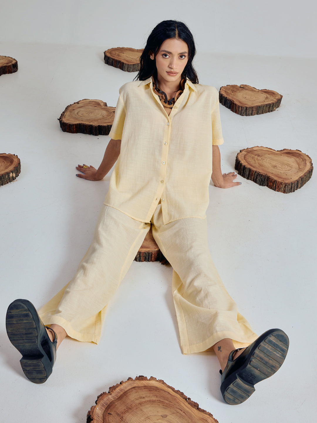 Dhiyona FL Women’s Light Yellow Linen Blend Loose Relaxed Fit Co Ord Set