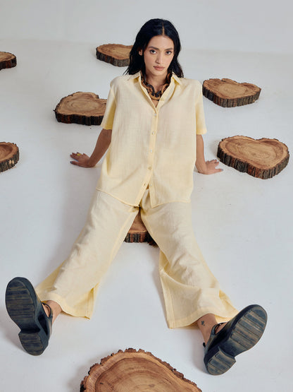 Dhiyona FL Women’s Light Yellow Linen Blend Loose Relaxed Fit Co Ord Set