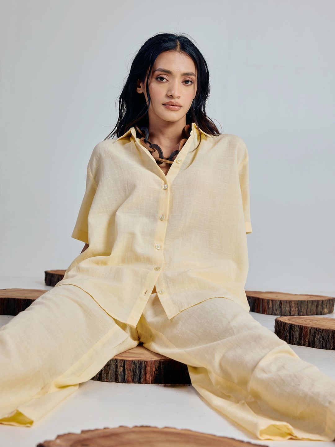 Dhiyona FL Women’s Light Yellow Linen Blend Loose Relaxed Fit Co Ord Set