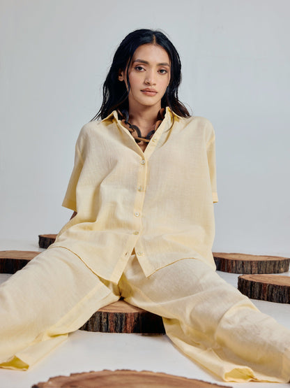 Dhiyona FL Women’s Light Yellow Linen Blend Loose Relaxed Fit Co Ord Set