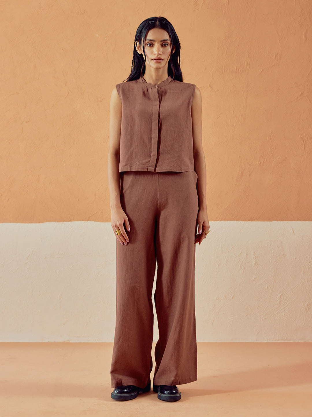 Dhiyona FL Women’s Brown Linen Blend Loose Relaxed Fit Co Ord Set