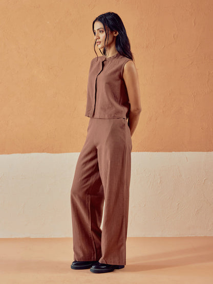 Dhiyona FL Women’s Brown Linen Blend Loose Relaxed Fit Co Ord Set