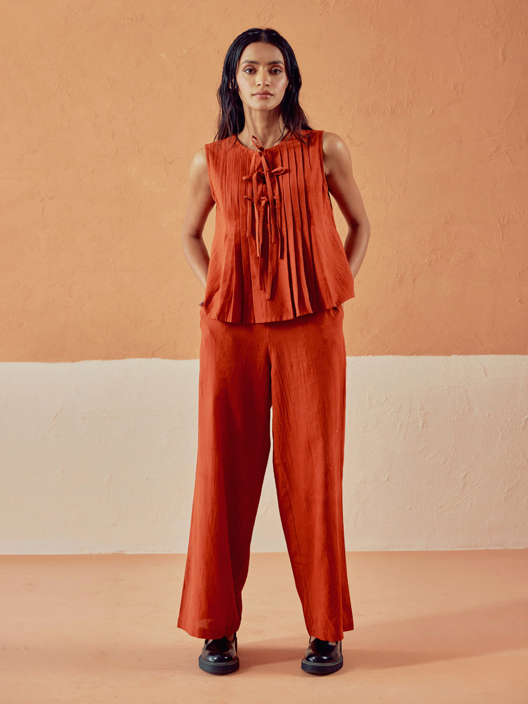 Dhiyona FL Women’s Rust Linen Blend Pleated Loose Relaxed Fit Co Ord Set