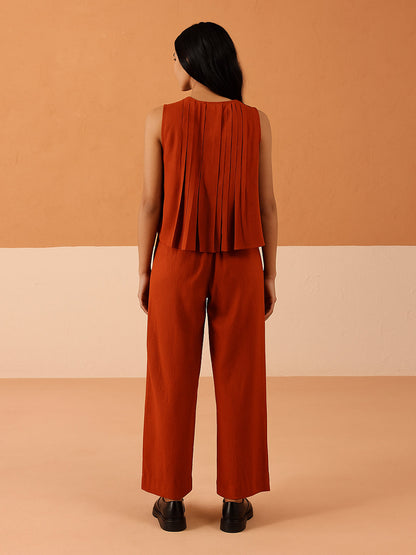 Dhiyona FL Women’s Rust Linen Blend Pleated Loose Relaxed Fit Co Ord Set