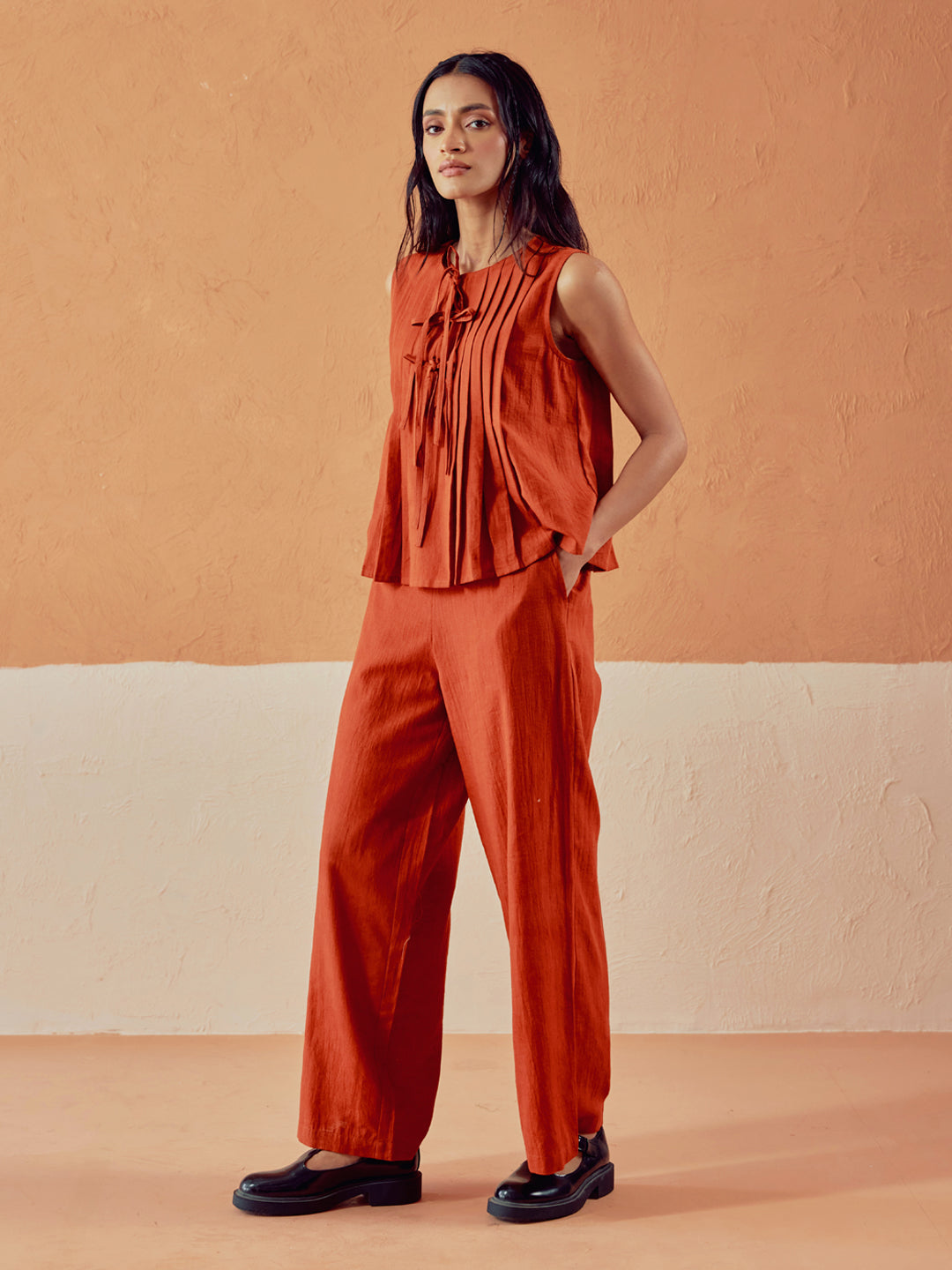 Dhiyona FL Women’s Rust Linen Blend Pleated Loose Relaxed Fit Co Ord Set