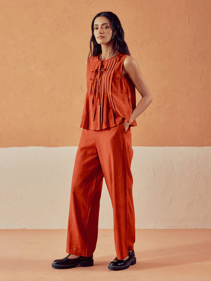 Dhiyona FL Women’s Rust Linen Blend Pleated Loose Relaxed Fit Co Ord Set