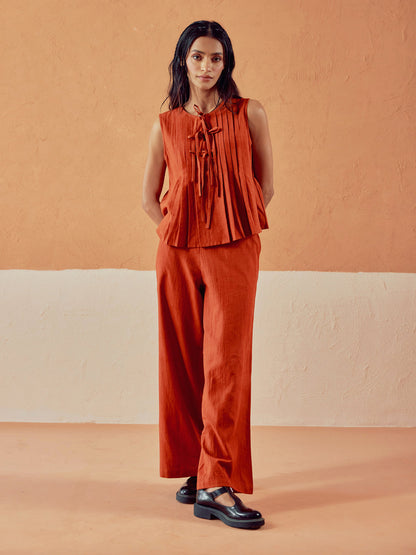 Dhiyona FL Women’s Rust Linen Blend Pleated Loose Relaxed Fit Co Ord Set