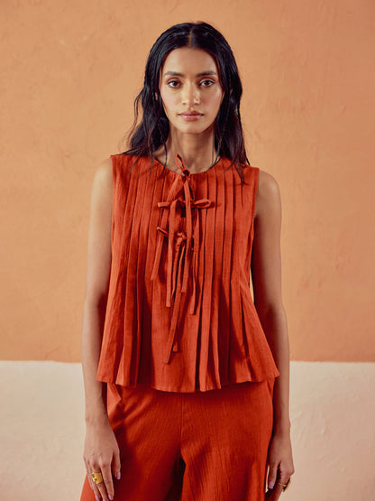 Dhiyona FL Women’s Rust Linen Blend Pleated Loose Relaxed Fit Co Ord Set