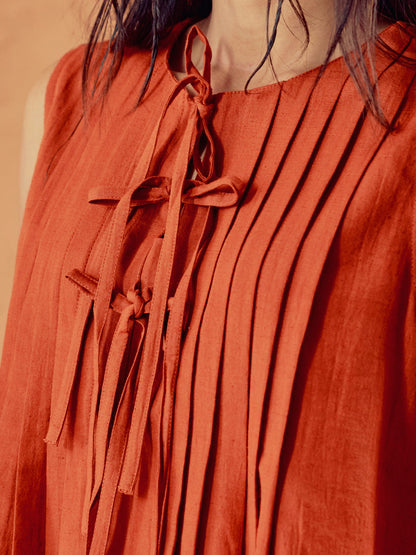 Dhiyona FL Women’s Rust Linen Blend Pleated Loose Relaxed Fit Co Ord Set