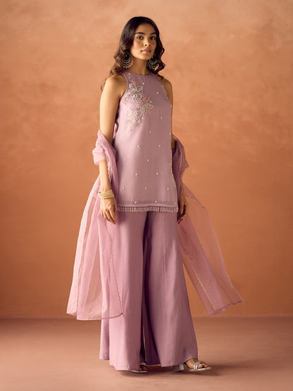 Dhiyona FL Women Lavender Crush Organza Hand Worked Straight Kurta Set with Dupatta