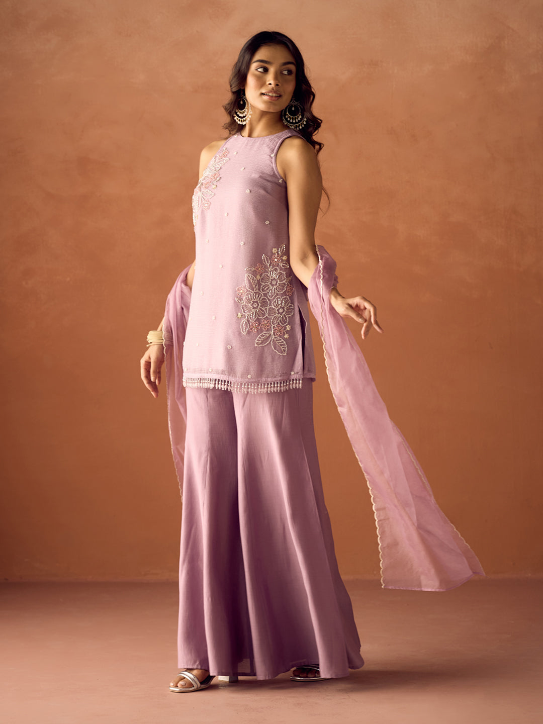 Dhiyona FL Women Lavender Crush Organza Hand Worked Straight Kurta Set with Dupatta